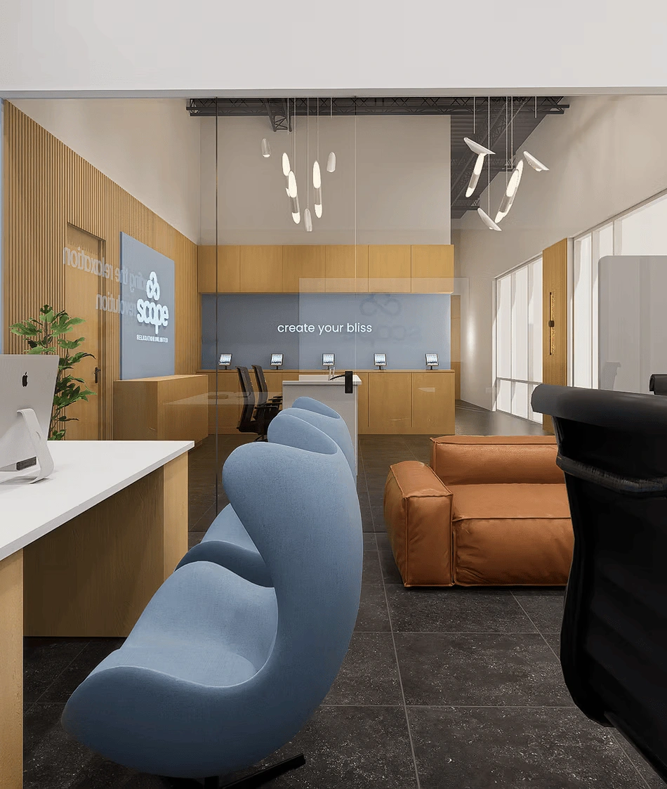 Modern reception area with blue curved chairs, a wooden desk, and a blue sign reading 'create your bliss'.","Open-plan customer lounge with light wood panels, glass partition, and a back counter housing devices for service.","Bright, contemporary office lobby featuring blue seating, a brown leather sofa, and a backlit sign that says 'create your bliss'.","Interior of a reception area with glass partitions, pendant lights, and ergonomic seating for clients." ,"Spacious lounge and service desk in a professional, well-lit environment with large windows and a calm atmosphere.