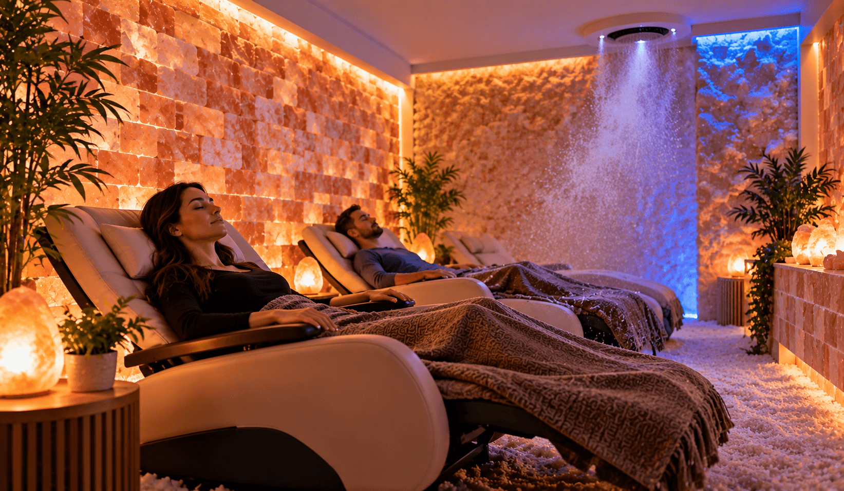 Halo Salt Therapy 1 - Scape Relaxation - Scape Relaxation Two people relax on lounge chairs in a Himalayan salt room with warm amber lighting and a blue illuminated waterfall wall.