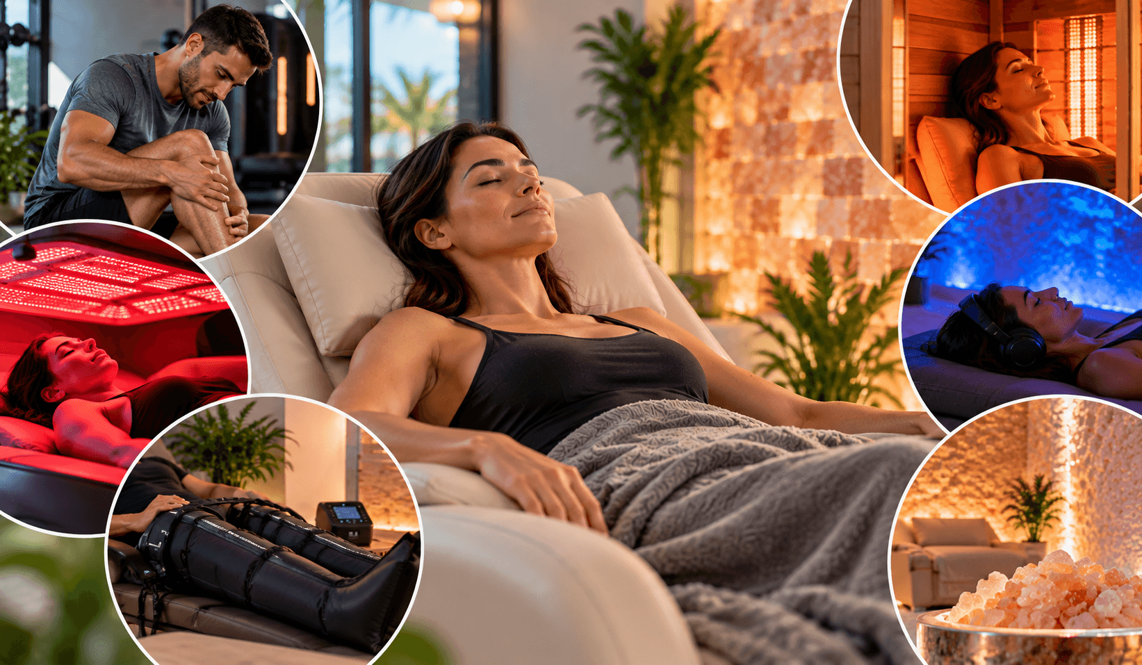 Collage of people relaxing in a spa-like setting around a central woman resting on a lounge chair with a blanket, sunlit plants in the background