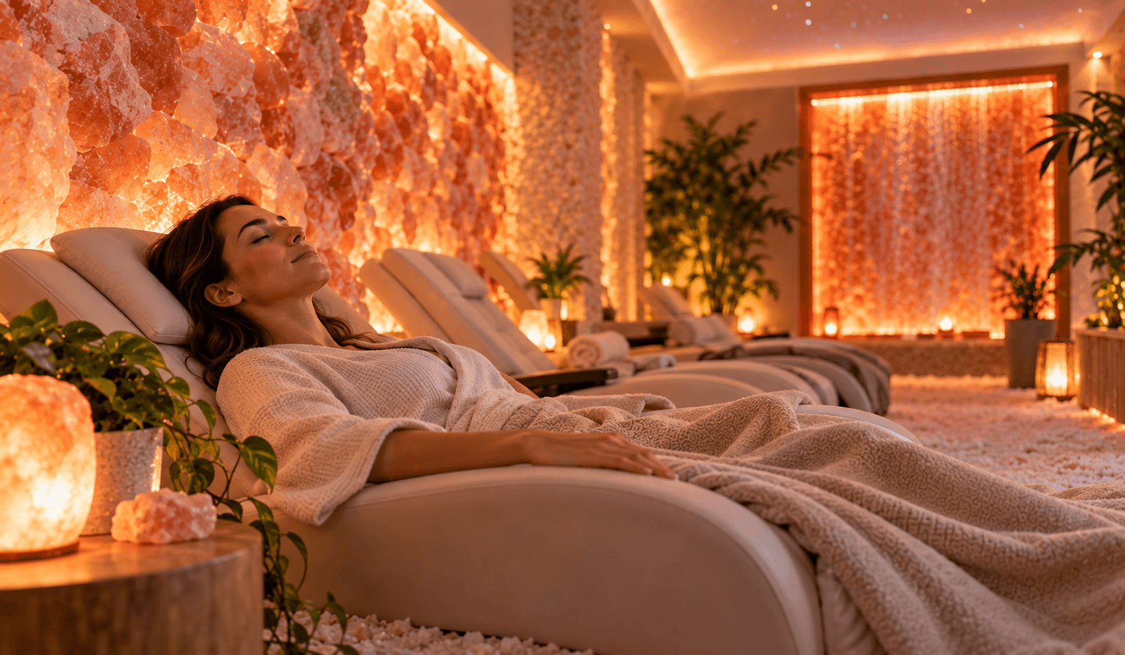 Salt Room Sessions 1 - Scape Relaxation - Scape Relaxation Woman relaxing on a lounge chair in a spa with warm, amber lighting and a salt wall behind her.