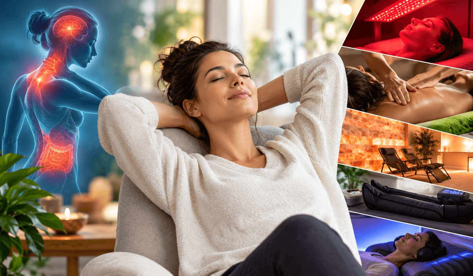 Relaxed woman with eyes closed enjoying a spa day, overlaid with a collage of wellness treatments (anatomical illustration, massage, red light therapy, sauna, and relaxation).