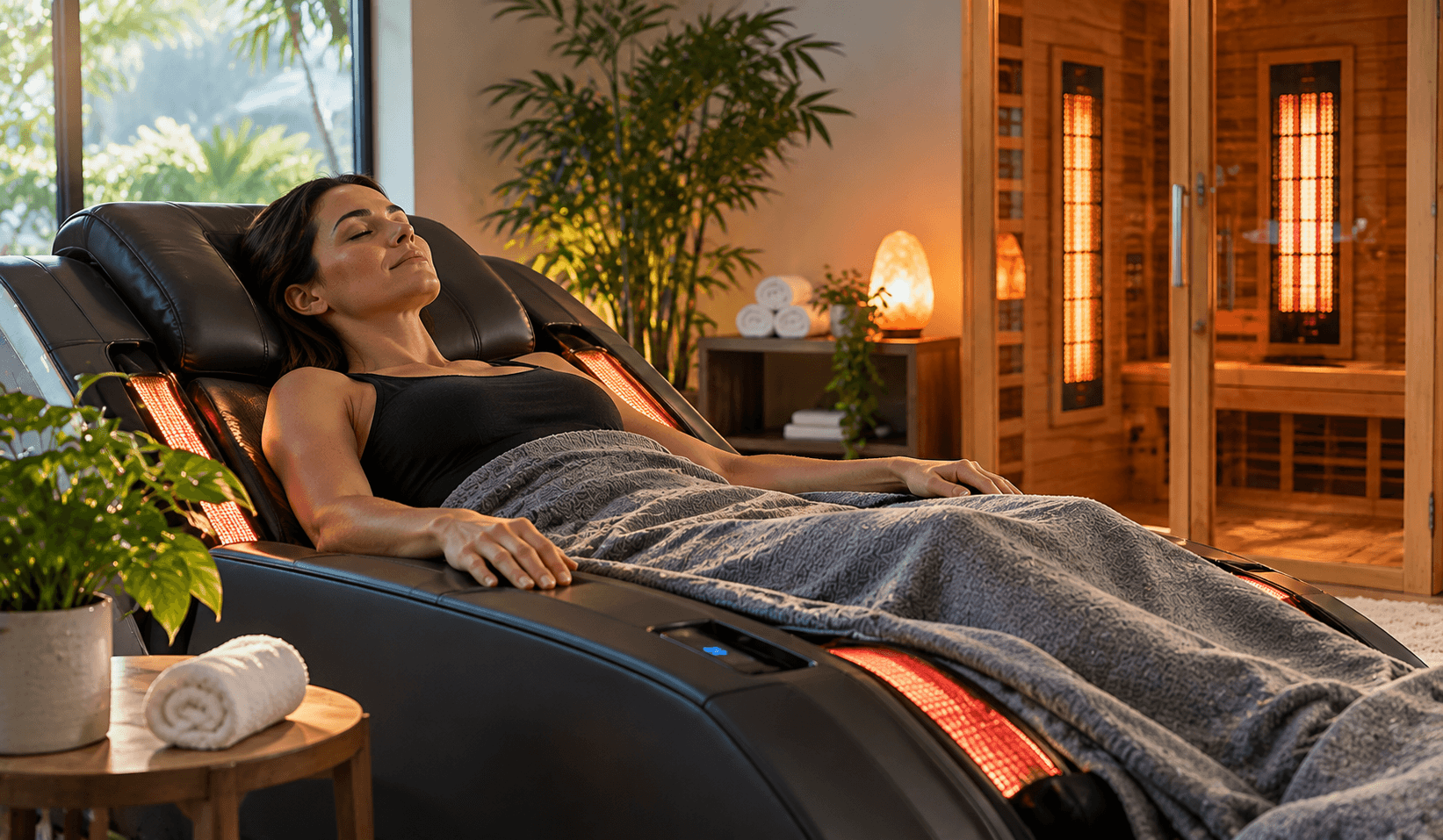 Woman relaxing in a massage chair with red infrared lights in a spa room, covered by a gray blanket.