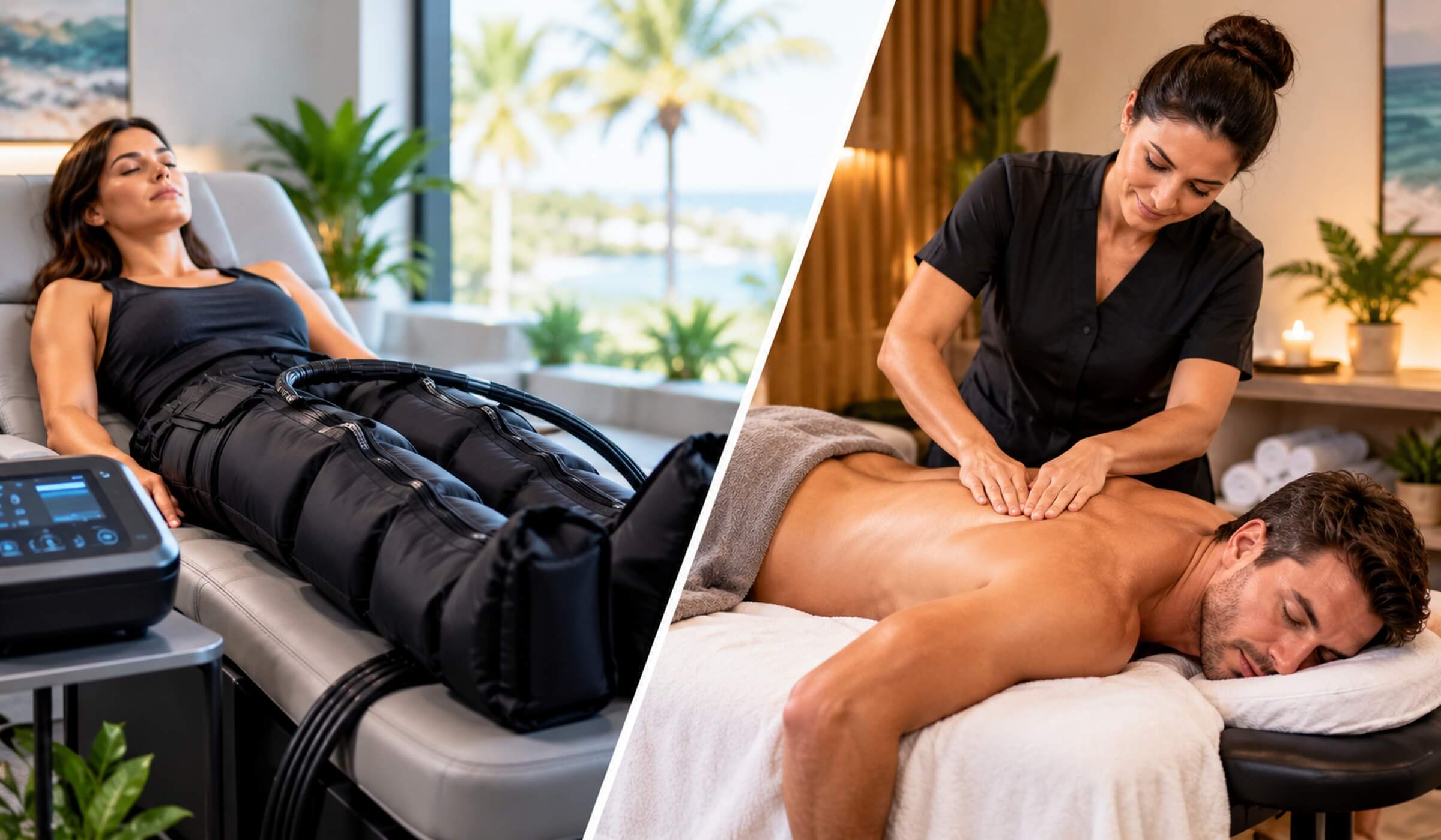Split-screen collage: left shows a woman undergoing compression therapy in a spa bed, right shows a therapist giving a back massage to a man covered with a towel.